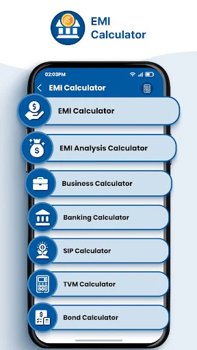 EMI Calculator app home screen displaying menu options for EMI Calculator, EMI Analysis Calculator, Business Calculator, Banking Calculator, SIP Calculator, TVM Calculator, and Bond Calculator tools