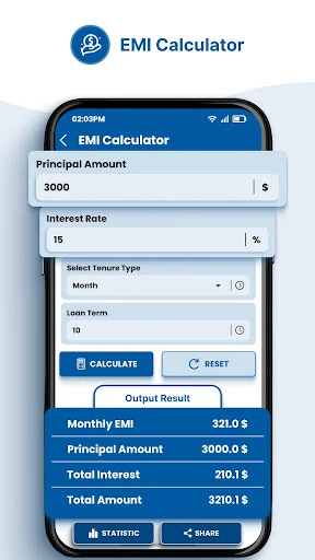 EMI Calculator tool with input fields for principal amount, interest rate, tenure type, and loan term, displaying calculated monthly EMI, principal amount, total interest, and total amount results