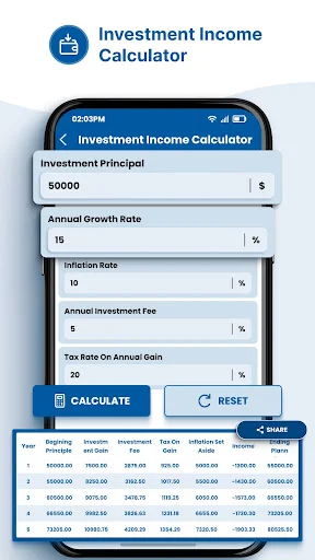 Investment Income Calculator with input fields for investment principal, annual growth rate, inflation rate, annual investment fee, and tax rate, showing detailed calculation results table with yearly projections