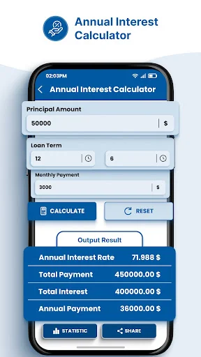 Annual Interest Calculator interface with principal amount, loan term, and monthly payment inputs, displaying calculated annual interest rate, total payment, total interest, and annual payment results