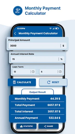 Monthly Payment Calculator showing input fields for principal amount, annual interest rate, and loan term, displaying calculated monthly payment, total payment, total interest, and annual payment financial results