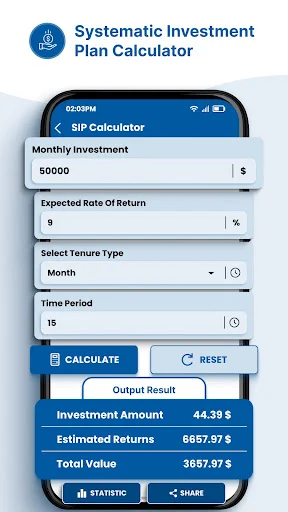 Systematic Investment Plan SIP Calculator with input fields for monthly investment amount, expected rate of return, tenure type, and time period, displaying investment amount, estimated returns, and total value calculation results