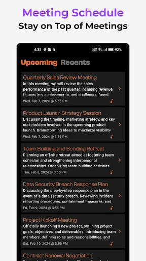 Minutes meeting scheduler showing upcoming and recent meetings with details, dates, times for staying on top of meetings