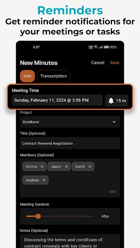 Minutes new meeting form with scheduled time, project, attendees, duration, and reminder notification settings