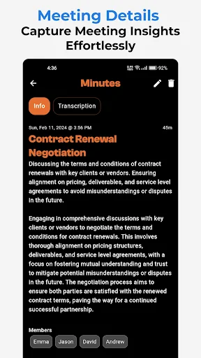 Minutes meeting details screen showing contract renewal discussion transcript with attendees, date, time, and duration