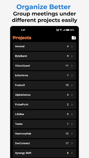 Minutes projects list displaying 12 projects with meeting counts for organizing and grouping recorded meetings