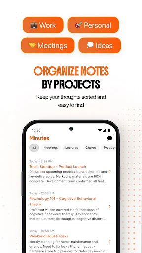 Minutes project organization feature with category buttons for Work, Personal, Meetings, and Ideas note sorting