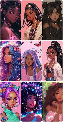 Gallery of illustrated Black women wallpapers with pink and purple aesthetic, featuring diverse hairstyles and beauty designs for personalization