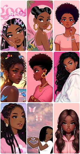 Collection of Black female character wallpapers with colorful backgrounds, natural hair, and artistic styles for mobile home screens