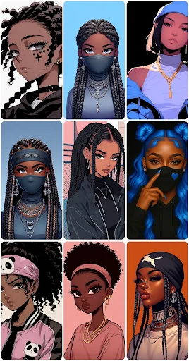 Grid of illustrated Black character wallpapers with modern edgy aesthetic, masks, and futuristic design elements in bold colors