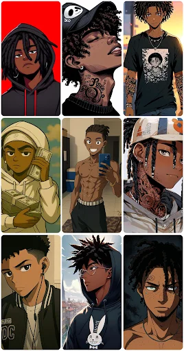 Diverse Black male and female character wallpapers featuring tattoos, various expressions, and contemporary styling options for phone customization