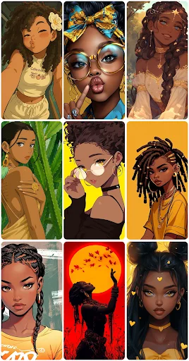 Glamorous Black women wallpaper collection with artistic makeup, colorful hair, and decorative backgrounds celebrating melanin beauty