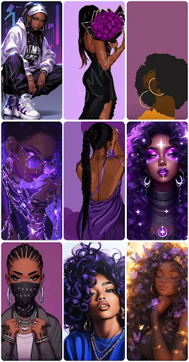 Purple and pink aesthetic wallpapers featuring illustrated Black women with mystical themes, jewelry, and magical visual elements