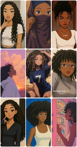 Contemporary Black women wallpaper collection featuring various natural hair types, casual styles, and artistic scenic backgrounds for mobile personalization