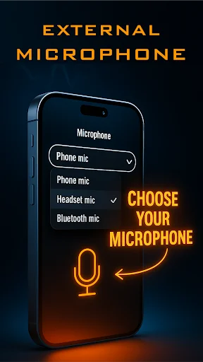 Microphone app interface with dropdown menu showing microphone source options: phone mic, headset mic, and Bluetooth mic selection