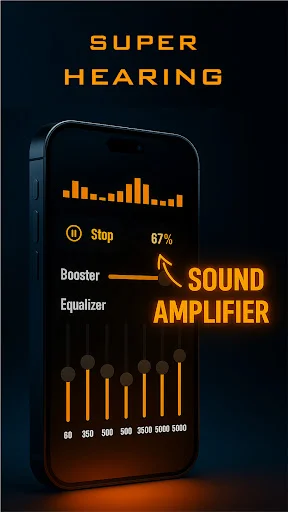 Super Hearing sound amplifier interface with Stop button, 67% boost level, Booster toggle, and Equalizer frequency bars