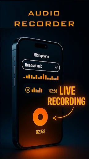 Audio Recorder live recording screen with Headset mic selected, waveform display, and 02:58 timer for recording audio
