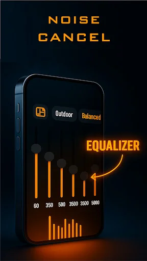 Noise Cancel Equalizer interface with Outdoor and Balanced mode tabs and frequency adjustment bars from 60Hz to 5000Hz