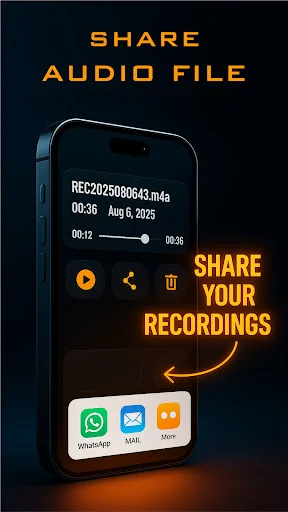 Share recorded audio file interface with playback controls and sharing options via WhatsApp, Email, and Notes apps