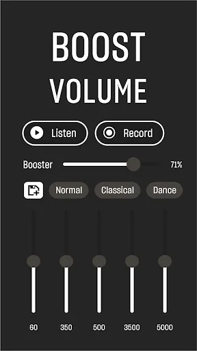 Boost Volume control screen with Listen Record buttons, 71% volume slider, audio presets, and five-band Equalizer