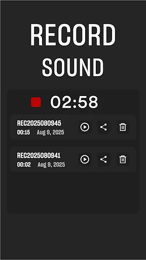 Record Sound library displaying saved audio files with filenames, duration, dates, playback controls, and sharing options