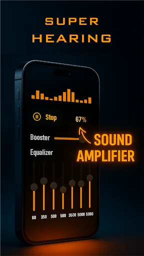 Sound amplifier app displaying audio waveform, 67% boost level, booster and equalizer controls with frequency spectrum bars