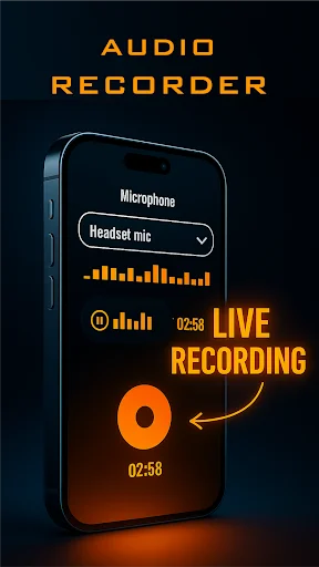 Audio recorder app showing live recording at 02:58 duration with headset mic selected, waveform visualization, and record button