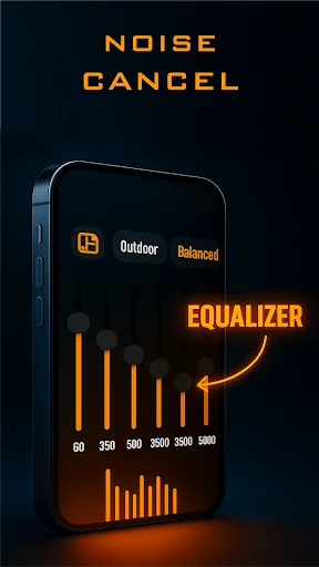 Sound amplifier app with equalizer controls showing outdoor and balanced noise cancellation modes, frequency response bars 60-5000Hz