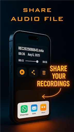 Audio file sharing interface displaying REC20250608643.m4a recording with playback progress and share options: WhatsApp, Mail, more