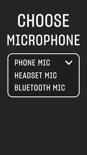 Microphone selection menu showing three input source options: phone mic, headset mic, and Bluetooth mic for audio recording