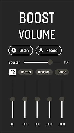Audio booster app with volume amplification slider at 71%, Listen and Record mode buttons, music presets, and frequency equalizer