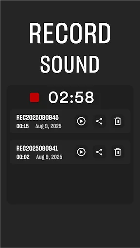 Audio recorder app showing saved recordings list with REC20250808045 file, 00:15 duration, and playback and delete control buttons
