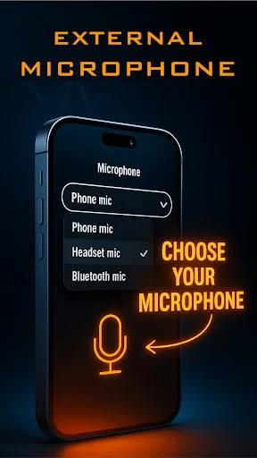 Microphone selection screen with Phone mic, Headset mic, and Bluetooth mic options for Live Microphone Amplifier app