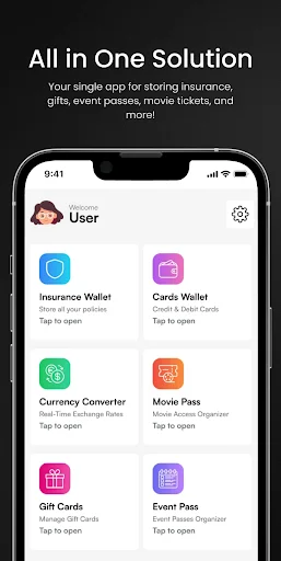 Dashboard displaying six wallet features: insurance, cards, currency converter, movie passes, gift cards, event passes.