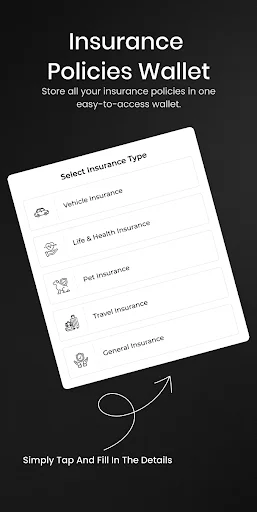 Insurance wallet showing form with insurance type options including vehicle, life, pet, travel, and corporate insurance.