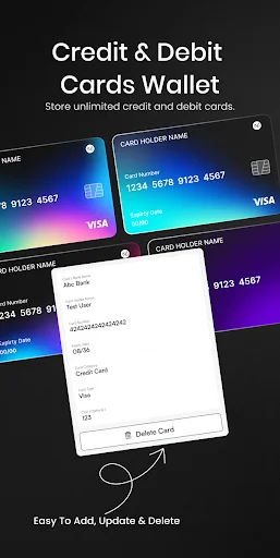 Credit and debit cards wallet displaying multiple cards with easy add, update, and delete functionality.