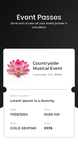 Event passes wallet displaying musical event ticket with location, date, time, seating section, and price.