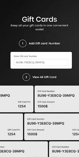 Gift cards wallet with interface to add gift card numbers and view all stored gift cards with balances.