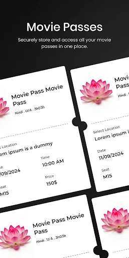 Movie passes storage showing multiple movie event passes with event names, locations, dates, and prices.