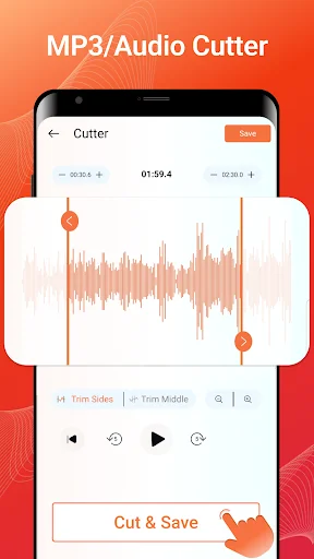 MP3/Audio cutter interface with waveform display, adjustable cut markers, playback controls, Cut & Save button