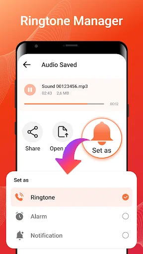 Audio file manager with options to set saved MP3 as ringtone, alarm, or notification with share and open buttons