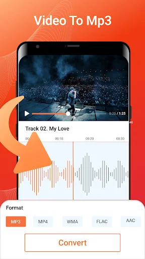 Video to MP3 converter showing video preview with waveform, multiple audio format options, and Convert button