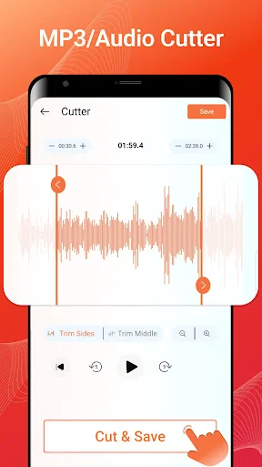 MP3/Audio cutter interface with waveform display, adjustable cut markers, playback controls, Cut & Save button