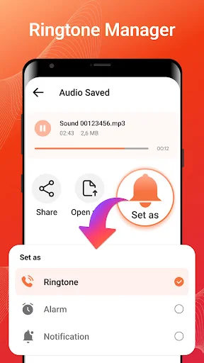 Audio file manager with options to set saved MP3 as ringtone, alarm, or notification with share and open buttons