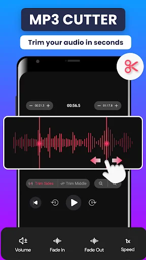 MP3 cutter app displaying red audio waveform with trim controls to cut sections in seconds, plus fade and volume effects