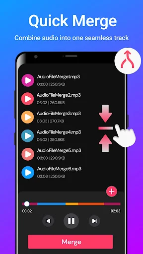 Quick Merge feature listing audio files with preview, playback controls and merge button