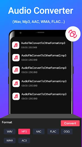 Audio Converter supporting multiple formats including MP3, AAC, WAV, FLAC and OGG conversions