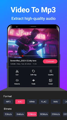 Video to MP3 converter with quality options, bitrate settings and audio extraction features