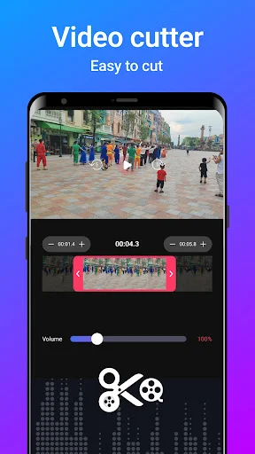 Video Cutter interface showing street scene with timeline, volume slider and video trimming tools