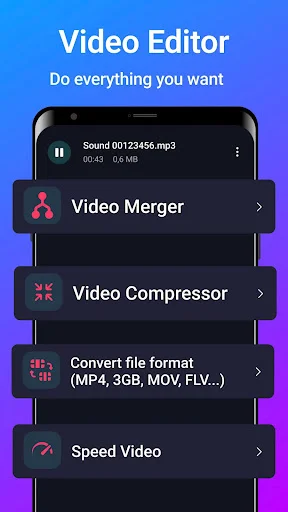 Video Editor menu displaying Video Merger, Compressor, format converter and speed adjustment options